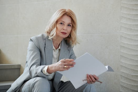 Confident adult woman in a grey suit holding documents, sitting indoors.