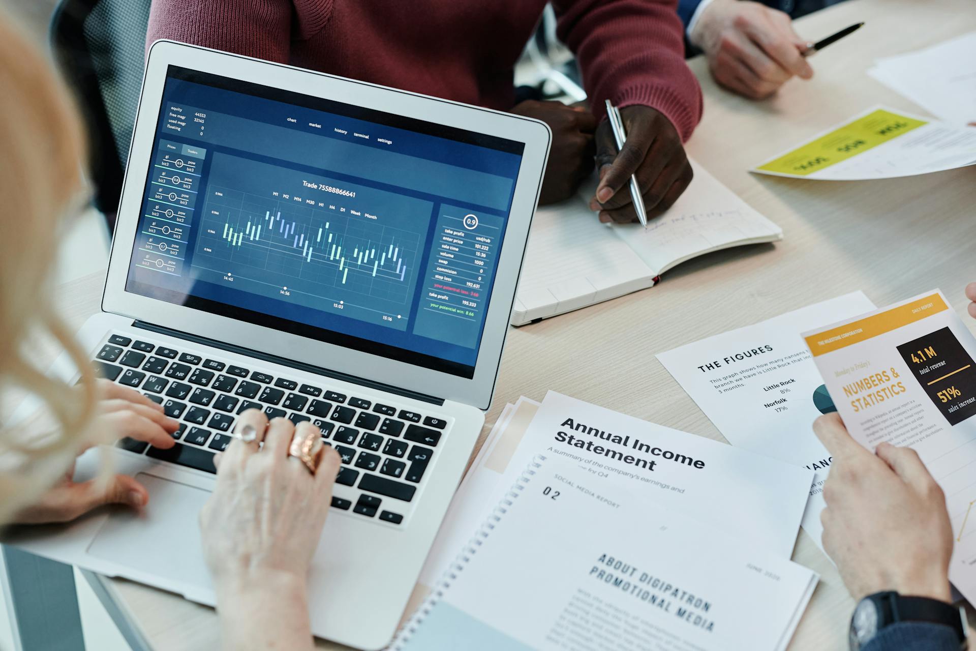 Business professionals analyzing financial data on a laptop during a meeting. Charts and reports visible.