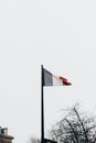 From below of fabric flag with striped ornament representing nobility and liberty of France in city