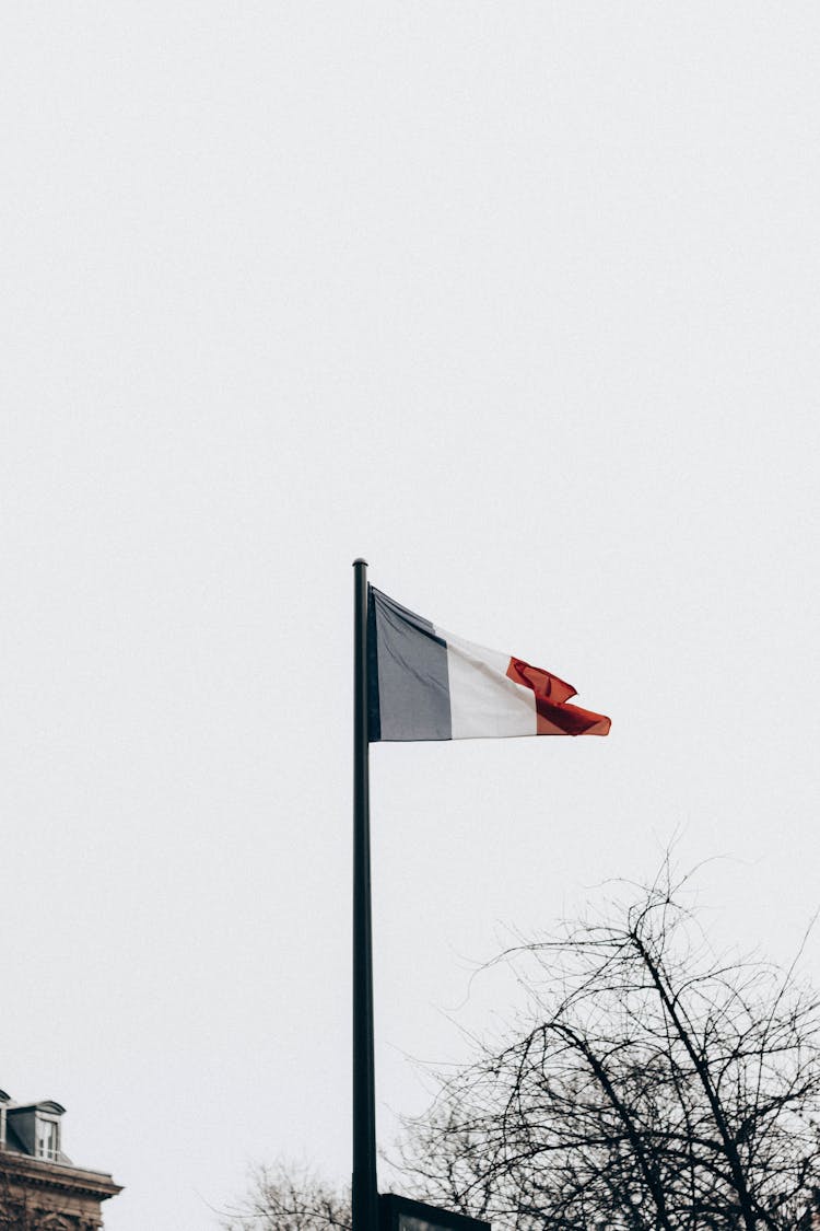 Wavy Flag Of France In Town Under White Sky