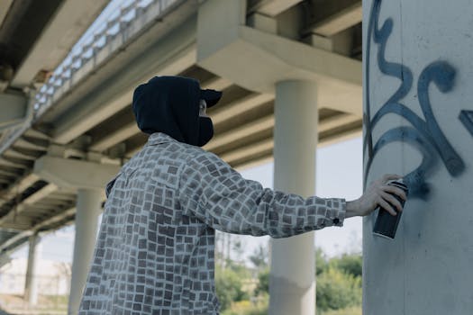 A person in a hoodie spray paints graffiti on a concrete pillar under a bridge.