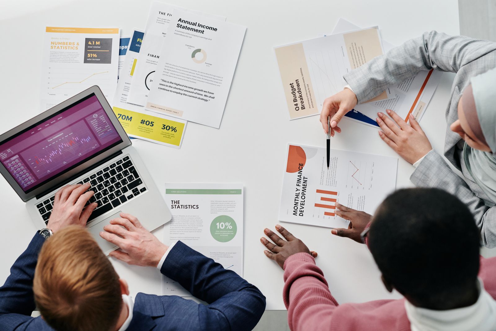Business team reviewing financial reports while comparing bookkeeping support options
