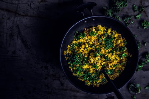 Yellow and Green Vegetables in Black Pan