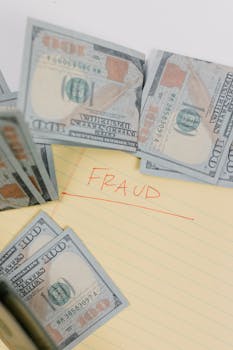 Close-up of US dollar bills on paper labeled 'FRAUD', highlighting financial deception.