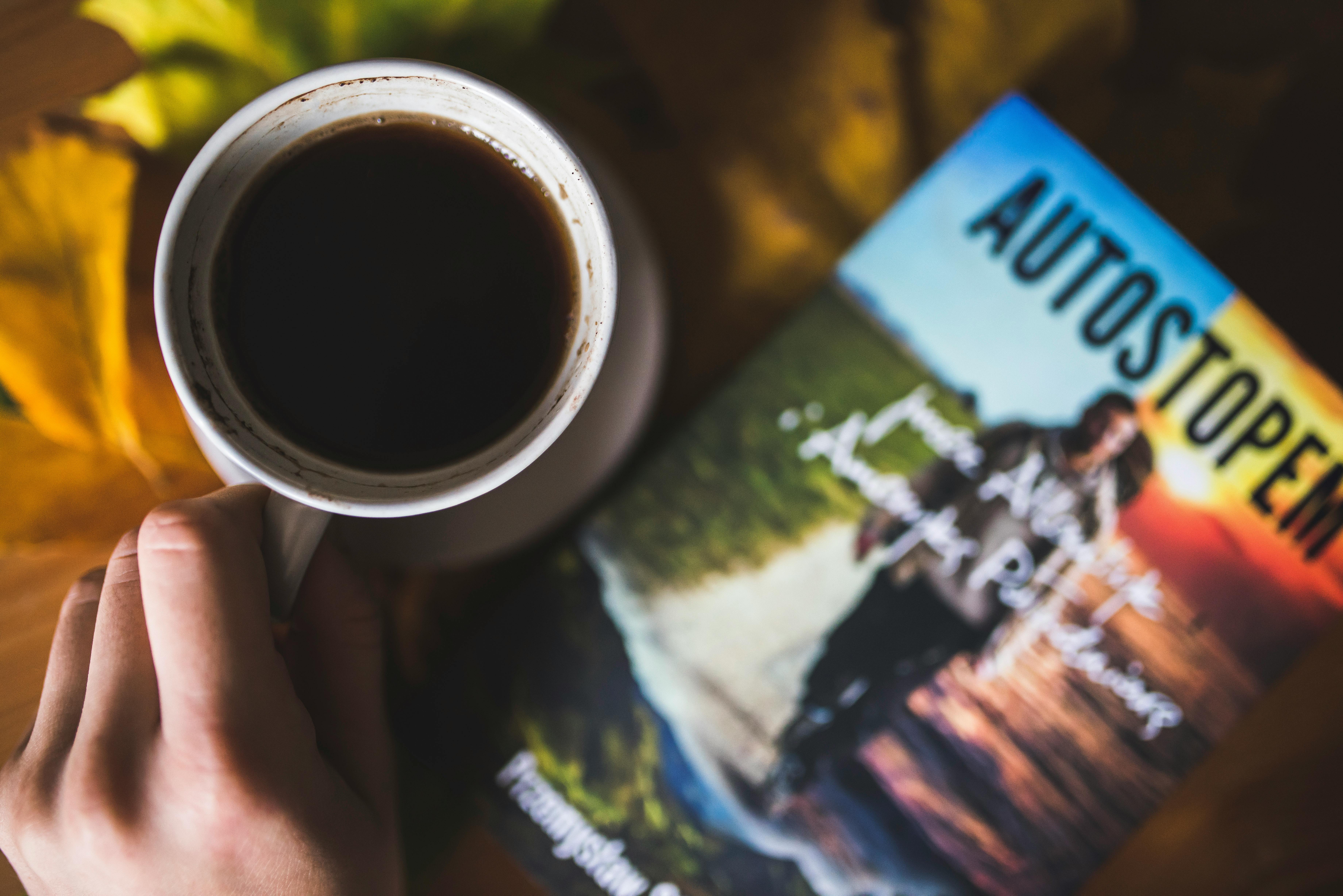 A warm cup of coffee beside a travel book on an autumn-themed surface.