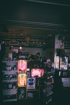 Store interior featuring neon signs, snacks, and good vibes lighting up the atmosphere.