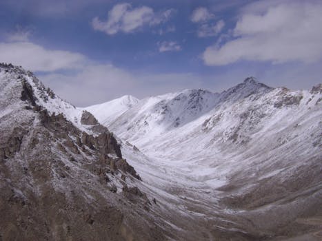 Explore the breathtaking snow-covered mountains of the Himalayas under a clear blue sky.