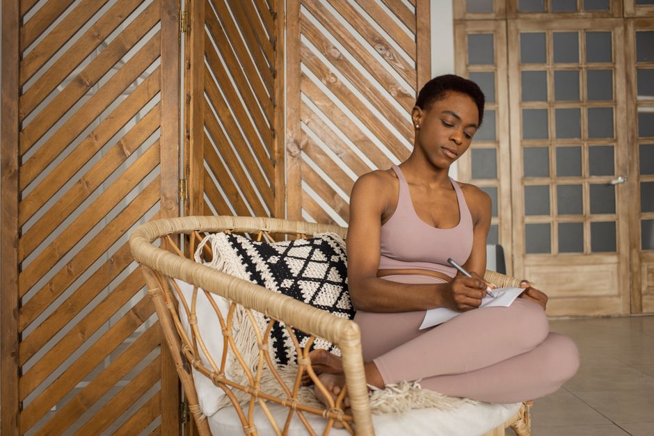 A woman sitting comfortably in a wicker chair writing notes in a peaceful indoor setting.