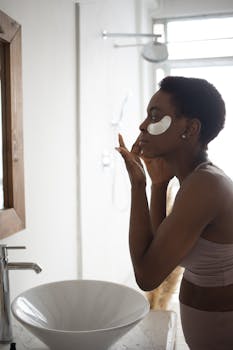 A woman in activewear applies under eye masks while looking in the bathroom mirror.