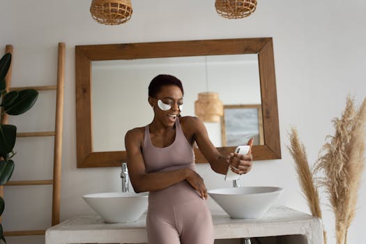 African American woman applying skincare and taking a selfie in a modern bathroom setting.
