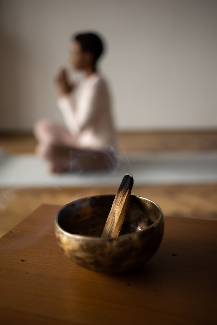 Brass Bowl With Lit Sandalwood Incense 