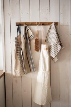 A collection of striped and plain aprons hanging on a rustic wooden wall in a kitchen setting.
