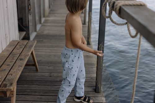 Free A child gazes over the water from a wooden dock, creating a serene and contemplative scene. Stock Photo