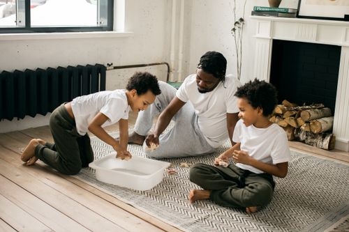 Free Calm African American father in casual clothes sitting on floor and playing with sons while spending time at home in daytime Stock Photo