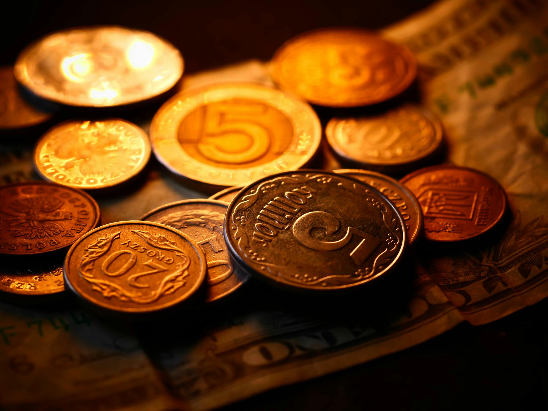 A detailed close-up of various international coins and banknotes with warm lighting, ideal for finance themes.