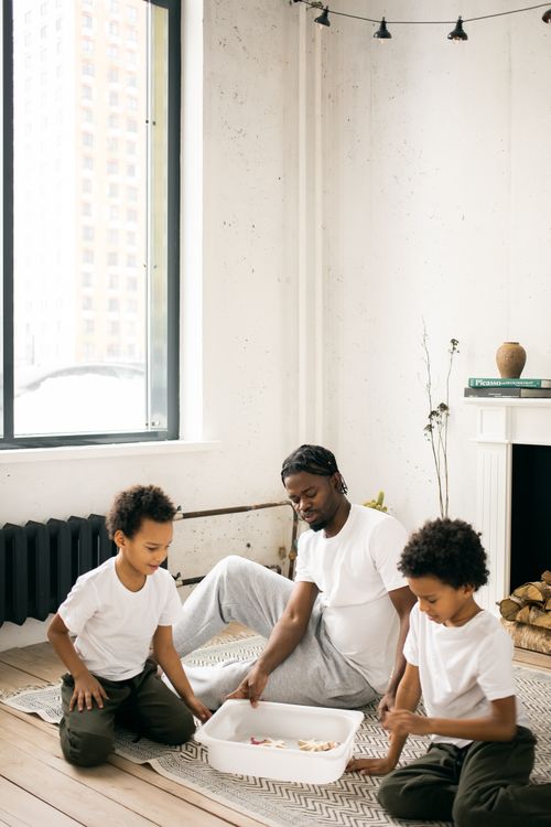 Free Calm African American father in casual clothes sitting on floor and playing with sons in light living room in daytime Stock Photo