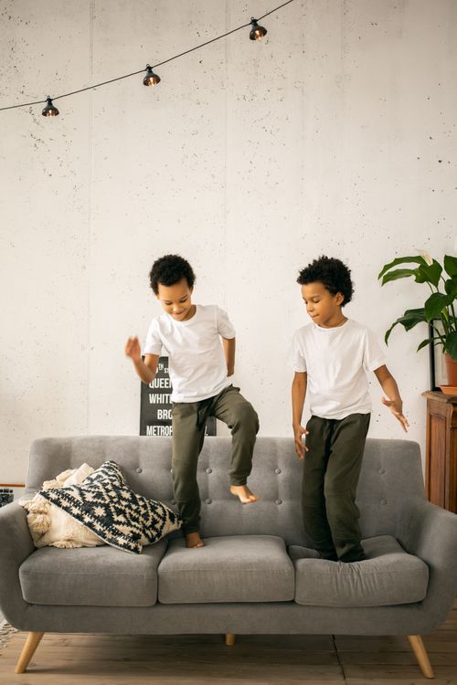 Free Full length of positive African American brothers in casual clothes standing on sofa with pillows in light room in daytime Stock Photo