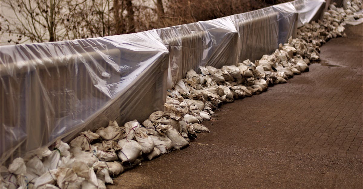 Photo by Eyes2Soul Eyes2Soul An arrangement of sandbags and plastic sheeting for flood protection along a riverside road.