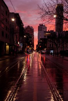 Wet straight roadway between modern tall residential buildings and streetlamps near leafless trees on street of contemporary city in evening time