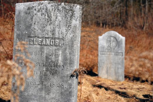 Close-up of weathered tombstones in an overgrown historical cemetery during autumn.