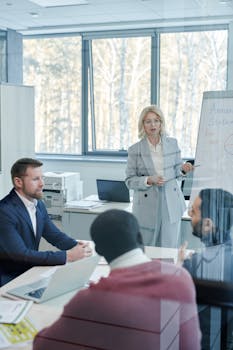 Corporate brainstorming session with professionals at a modern office.