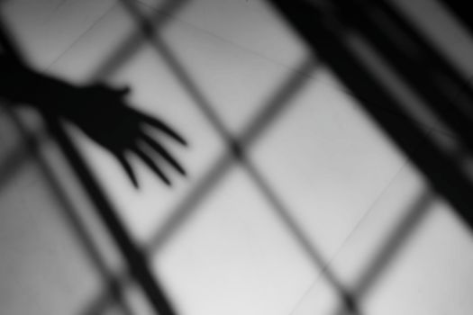 Black and white from below shadow of crop anonymous person against tiled ceiling with shadow of grid in room of apartment