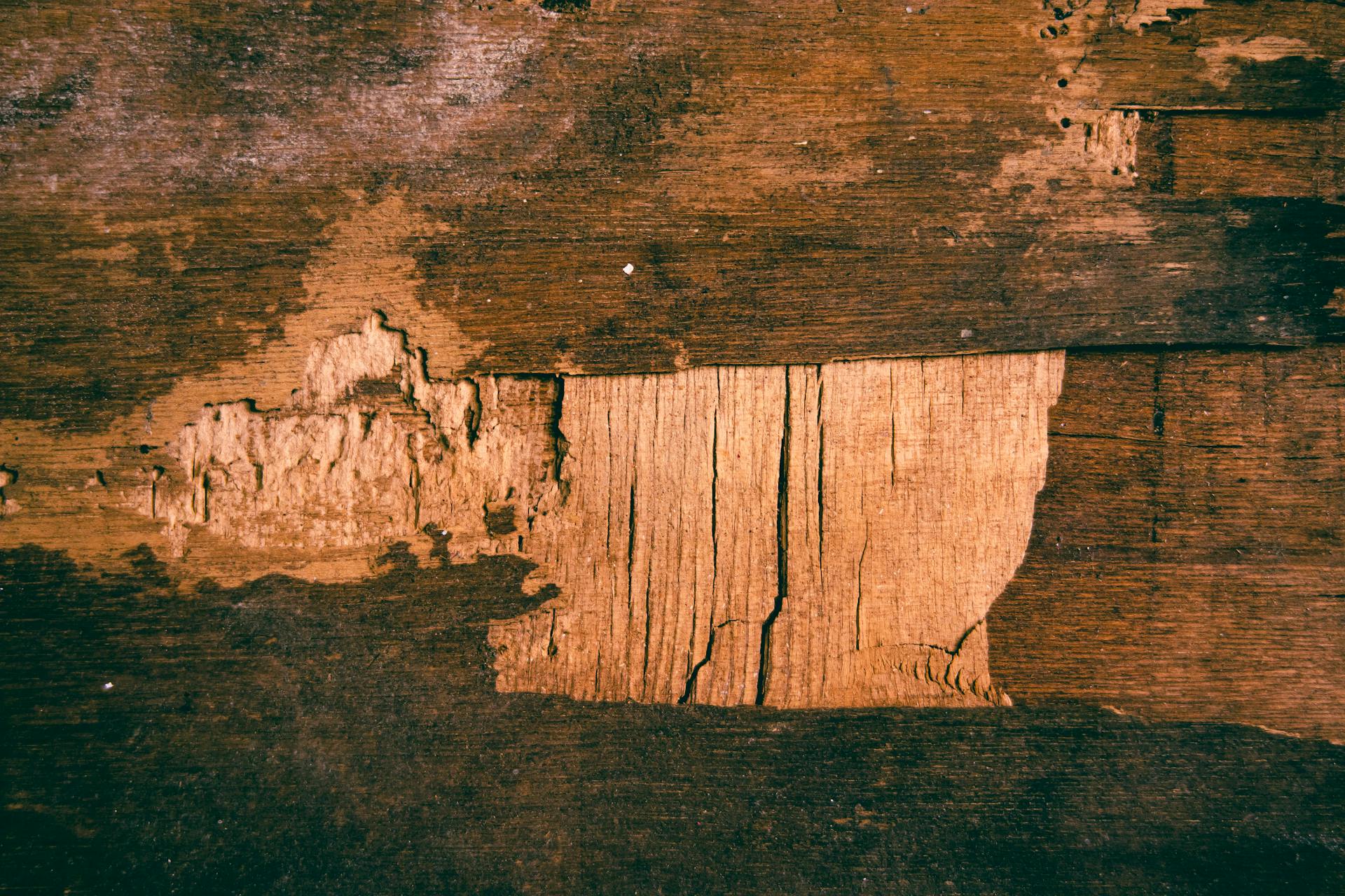 Close-up view of a weathered and chipped wooden surface, showcasing rustic texture and decay.