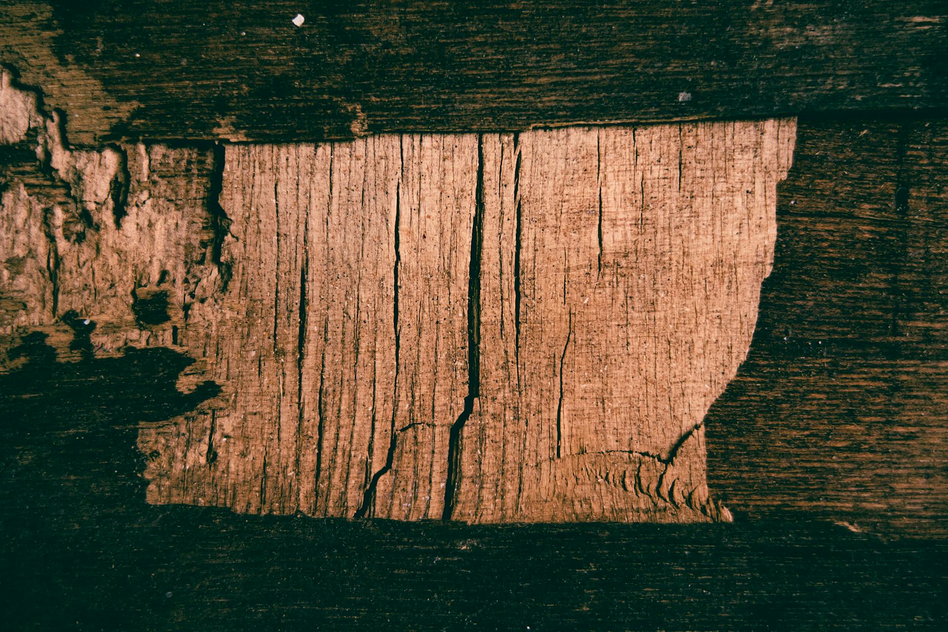 Closeup full frame background part of aged plywood with ragged surface located and chipped surface on street with bright sunshine