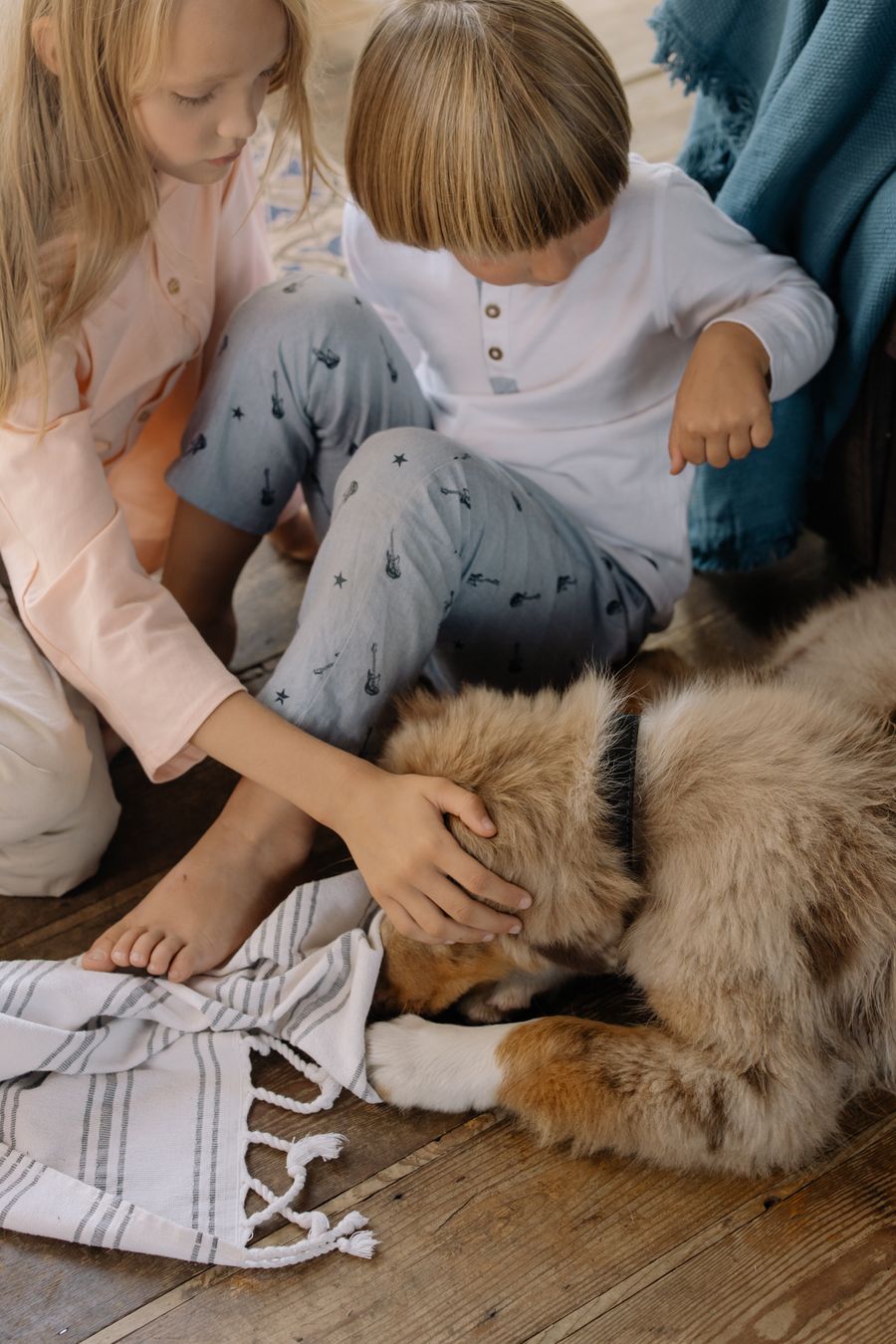 Deux enfants assis avec un chien à l’intérieur