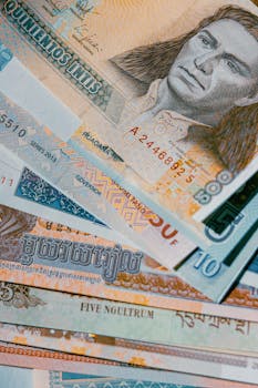 Close-up of various international banknotes showcasing unique designs.