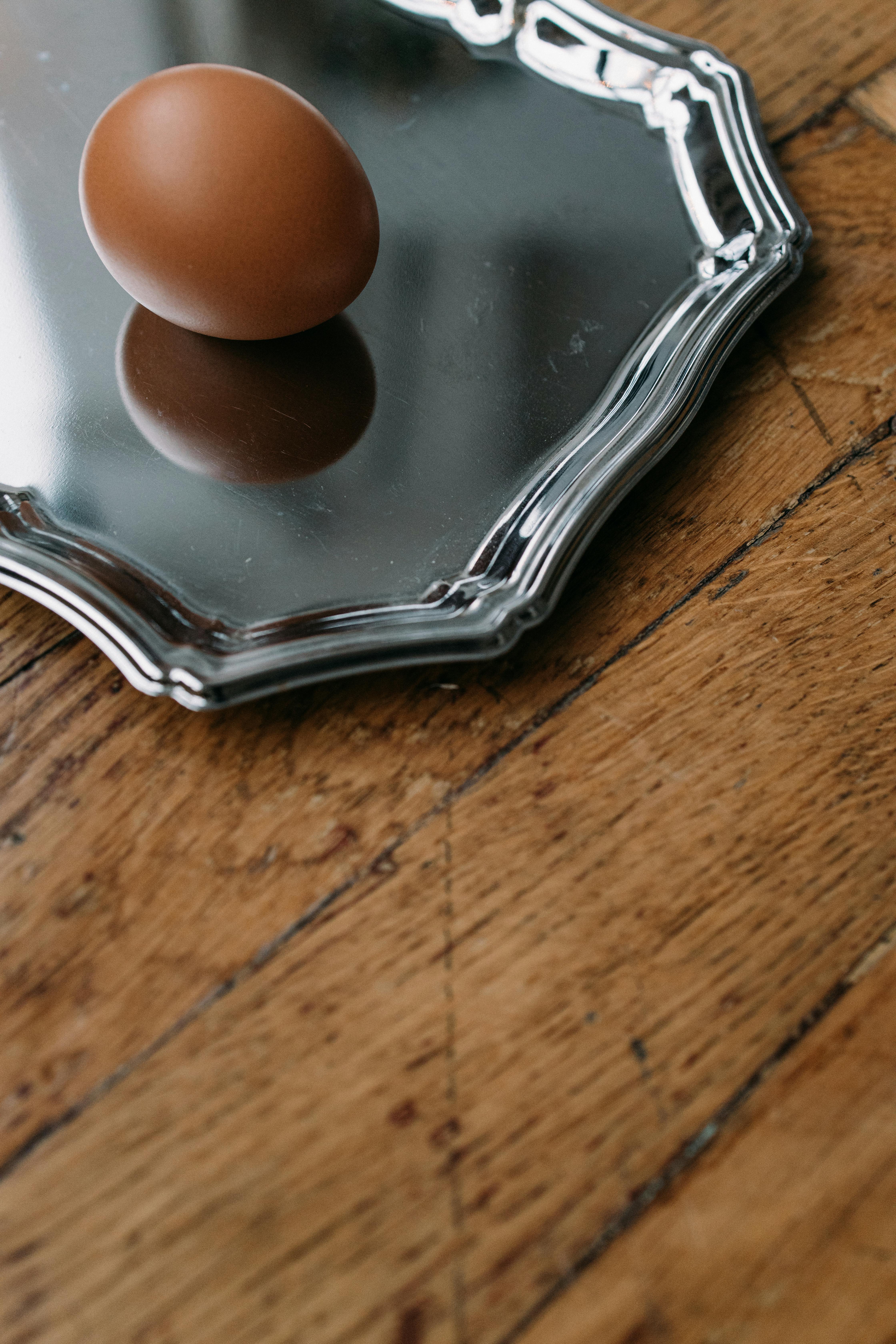 Photo of a Brown Egg on a Silver Plate Free Stock Photo