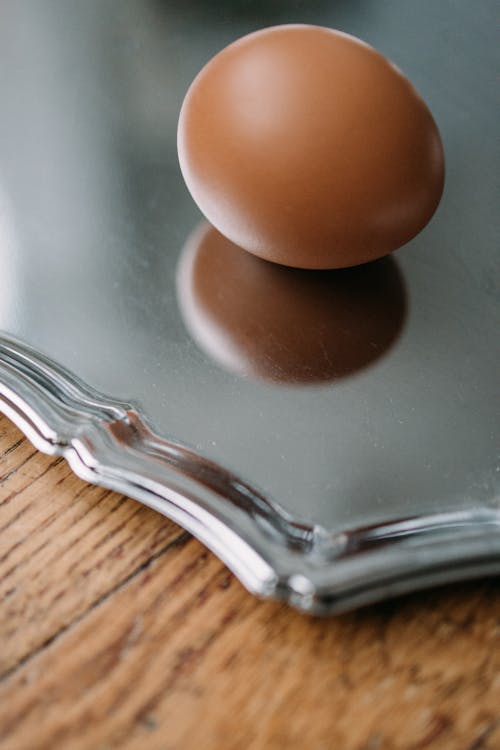 A Brown Egg on a Stainless Steel Tray