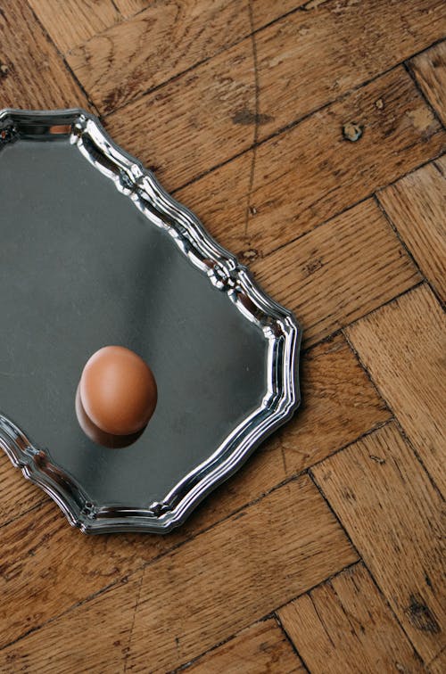 Photograph of a Brown Egg on a Silver Tray