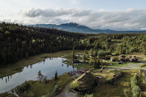 Small Village Beside Lake in Mountains Covered With Forest