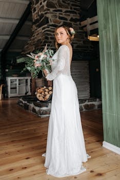 A beautiful bride holding a bouquet poses indoors by a rustic fireplace.