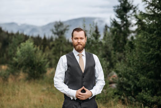 A bearded man in a suit standing outdoors in a forested area, smiling.