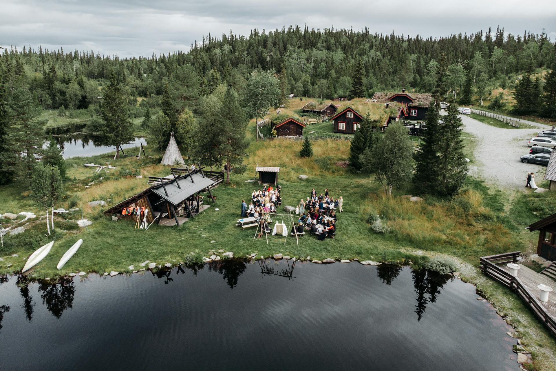 Drone Shot of People Gathered Together Near the Lake