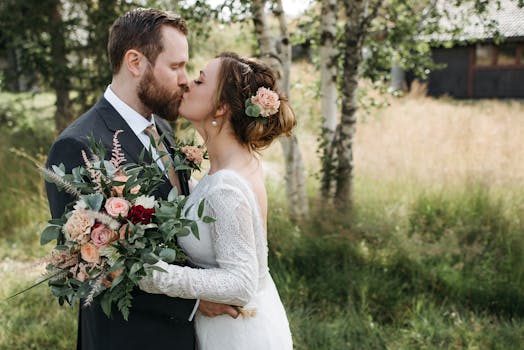 A newlywed couple shares a romantic kiss outdoors surrounded by nature and greenery.