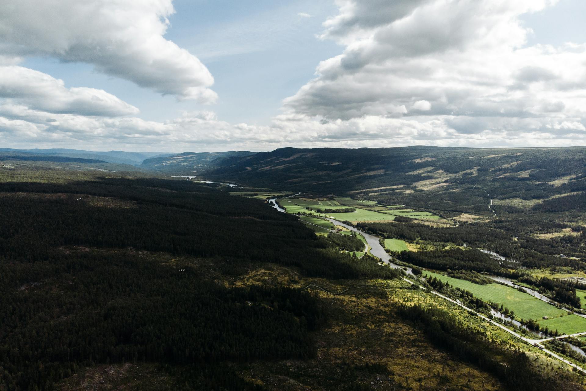 Aerial View of Valley with Green Trees and River Under White Clouds