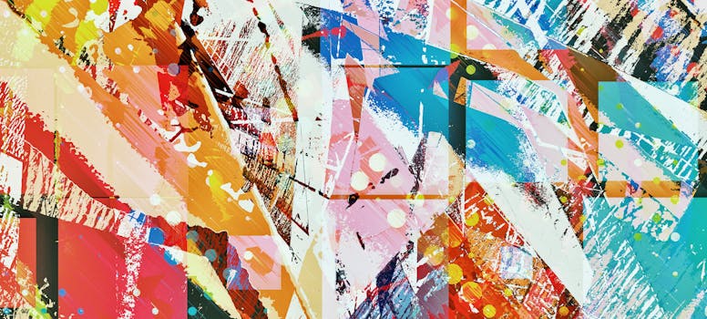 Dynamic abstract painting with colorful geometric shapes and textures.