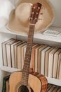 Brown Acoustic Guitar on White Wooden Shelf
