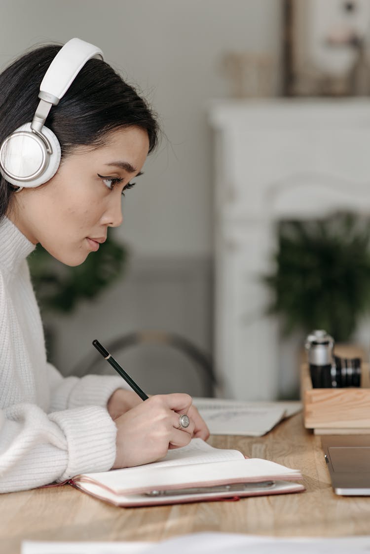 Young Woman On Head Phone Studying