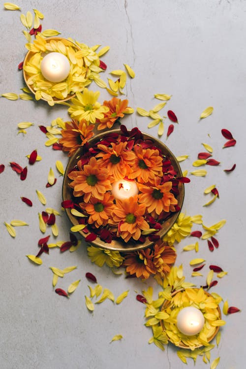 Lighted Candles and Flowers on the White Surface