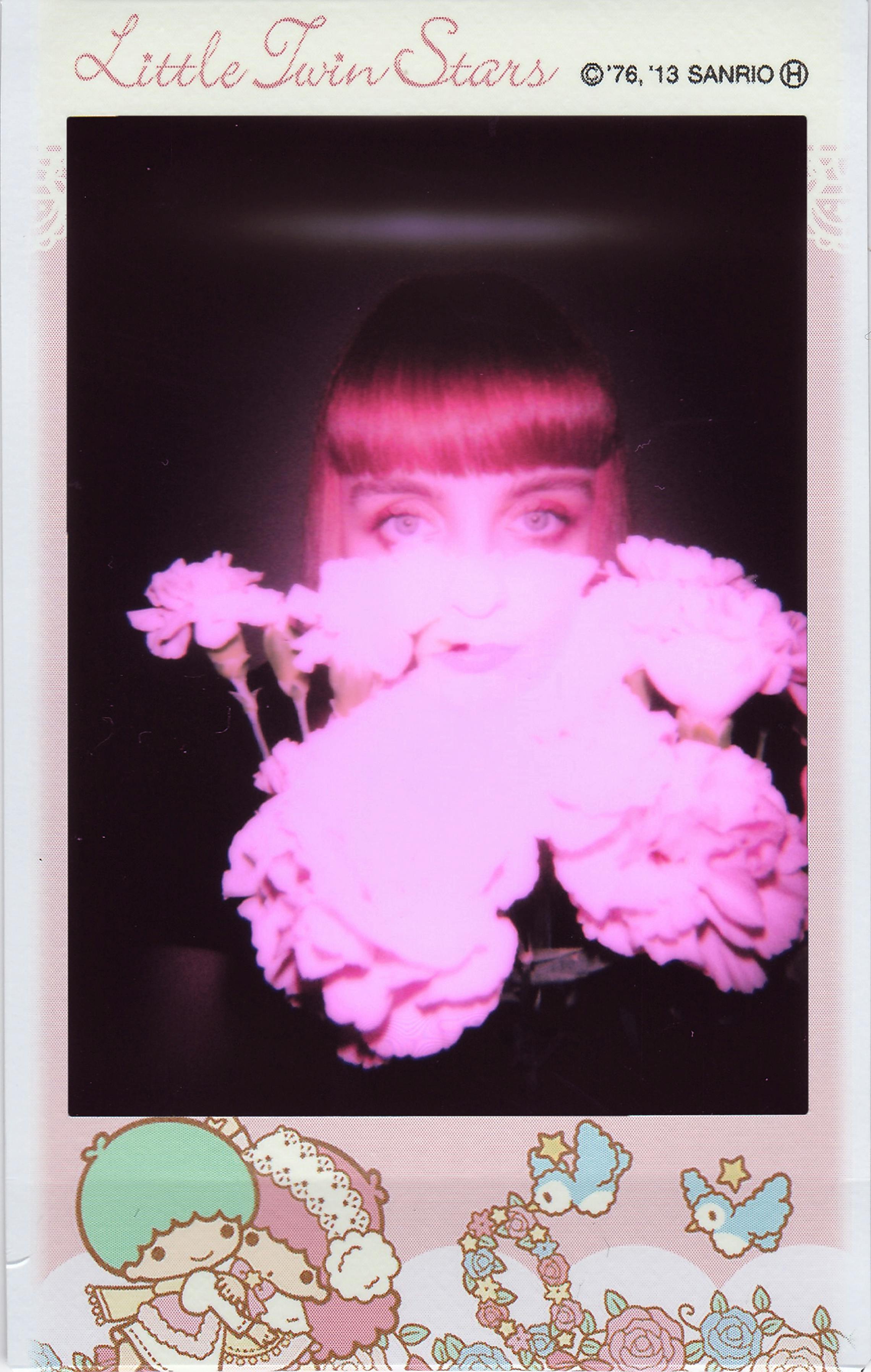 Artistic portrait featuring a woman obscured by pink flowers with a whimsical doodle frame.