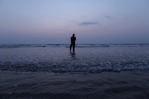 Silhouette of Man Standing on Beach at Dusk