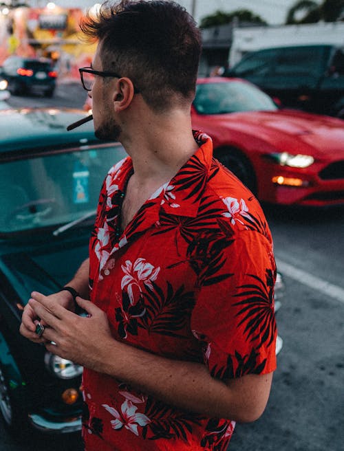 Foto d'estoc gratuïta de camisa amb botons, cigar, cotxes aparcats