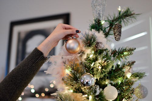Free Person Holding Beige Bauble Near Christmas Tree Stock Photo