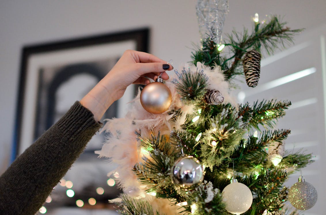 Free Person Holding Beige Bauble Near Christmas Tree Stock Photo