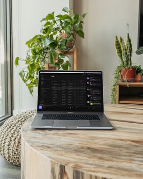 A stylish laptop on a wooden table surrounded by greenery, creating a modern workspace vibe.