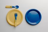 Yellow and Blue Plastic Plate and Fork